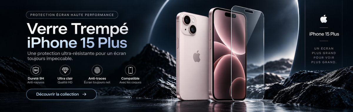 Verre trempé iPhone 15 Plus – bannière collection Abytonphone