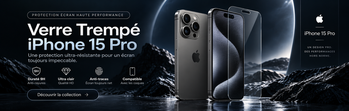 Verre trempé iPhone 15 Pro – bannière collection Abytonphone