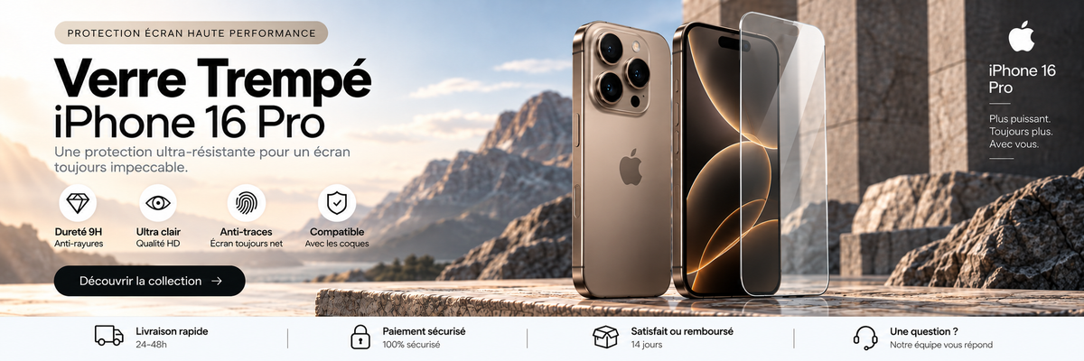Verre trempé iPhone 16 Pro – bannière collection Abytonphone