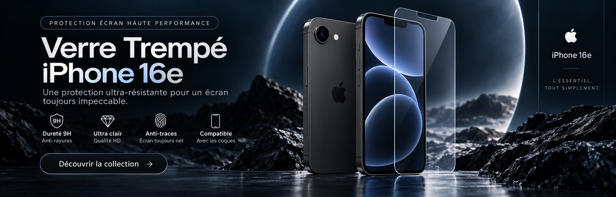Verre trempé iPhone 16e – bannière collection Abytonphone