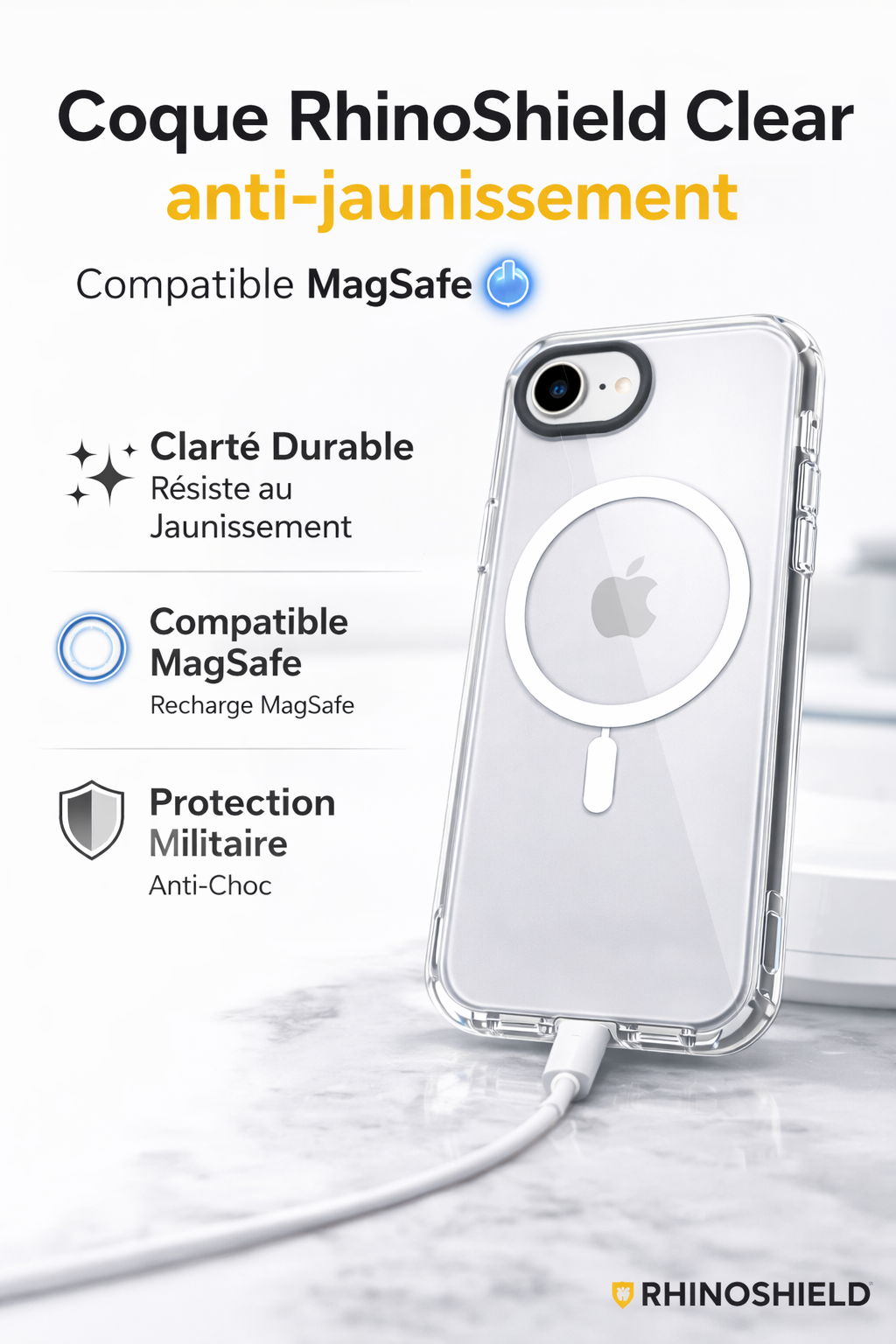 Avantages de la coque transparente RhinoShield Clear magsafe pour iPhone 16e avec protection militaire, clarté durable et résistance au jaunissement