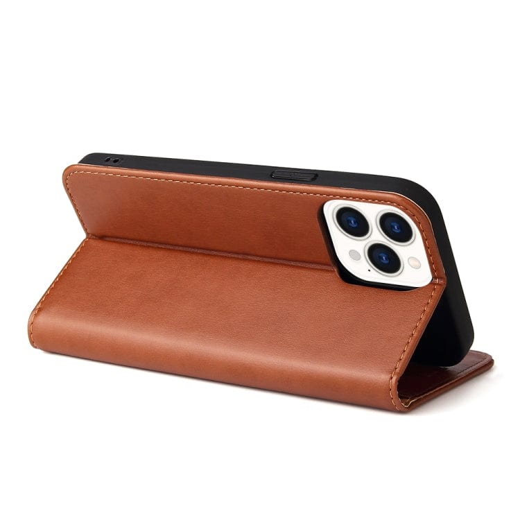 Étui en cuir marron à rabat horizontal avec support et fentes pour cartes iPhone 14 Pro Max