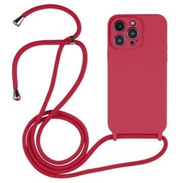 Coque en silicone framboise avec cordon pour iPhone 16 Pro Max
