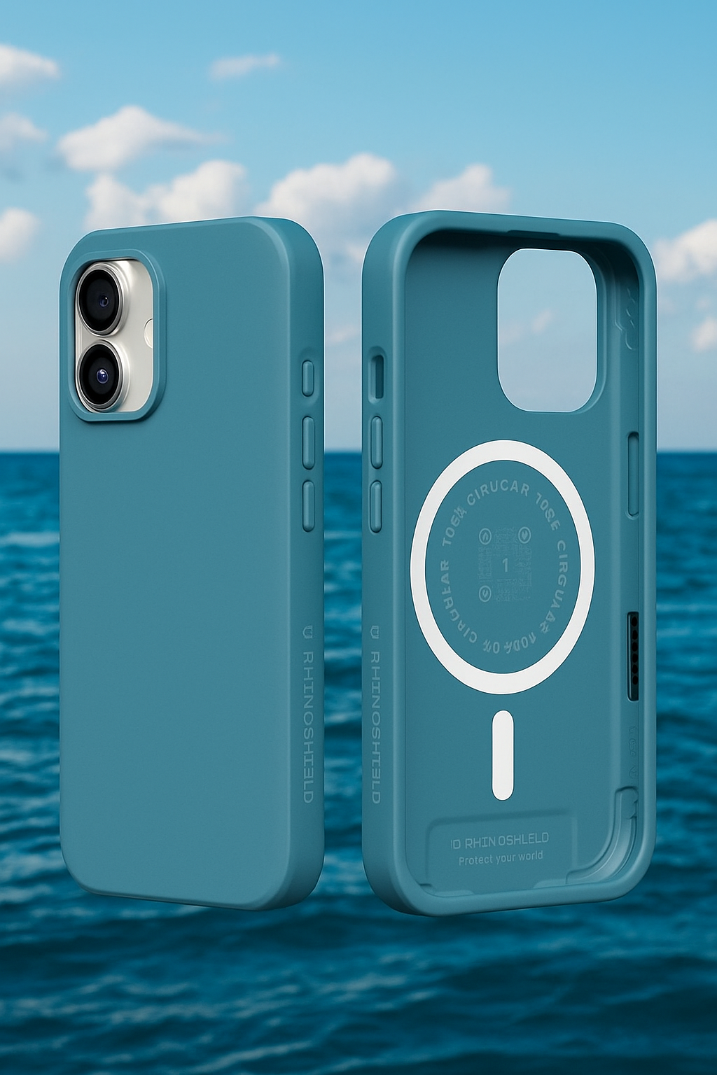 Coque RHINOSHIELD Bleu Océan posée  en bord de mer, inspirée des nuances profondes de l’océan pour un style élégant, moderne et apaisant.