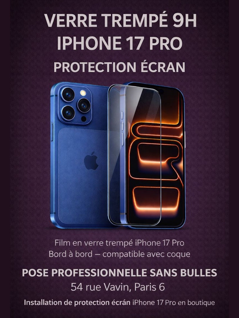 Protection écran en verre trempé 9H pour iPhone 17 Pro, ajustement précis bord à bord, compatible avec coque, installation professionnelle sans bulles.