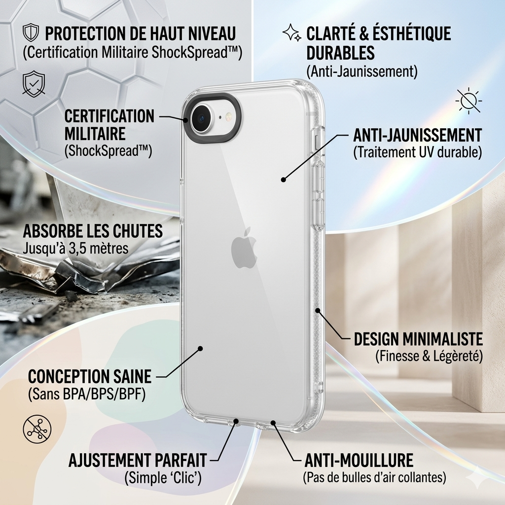 Infographie de la coque transparente RhinoShield Clear pour iPhone 17e avec protection militaire, traitement anti-jaunissement et conception sans BPA
