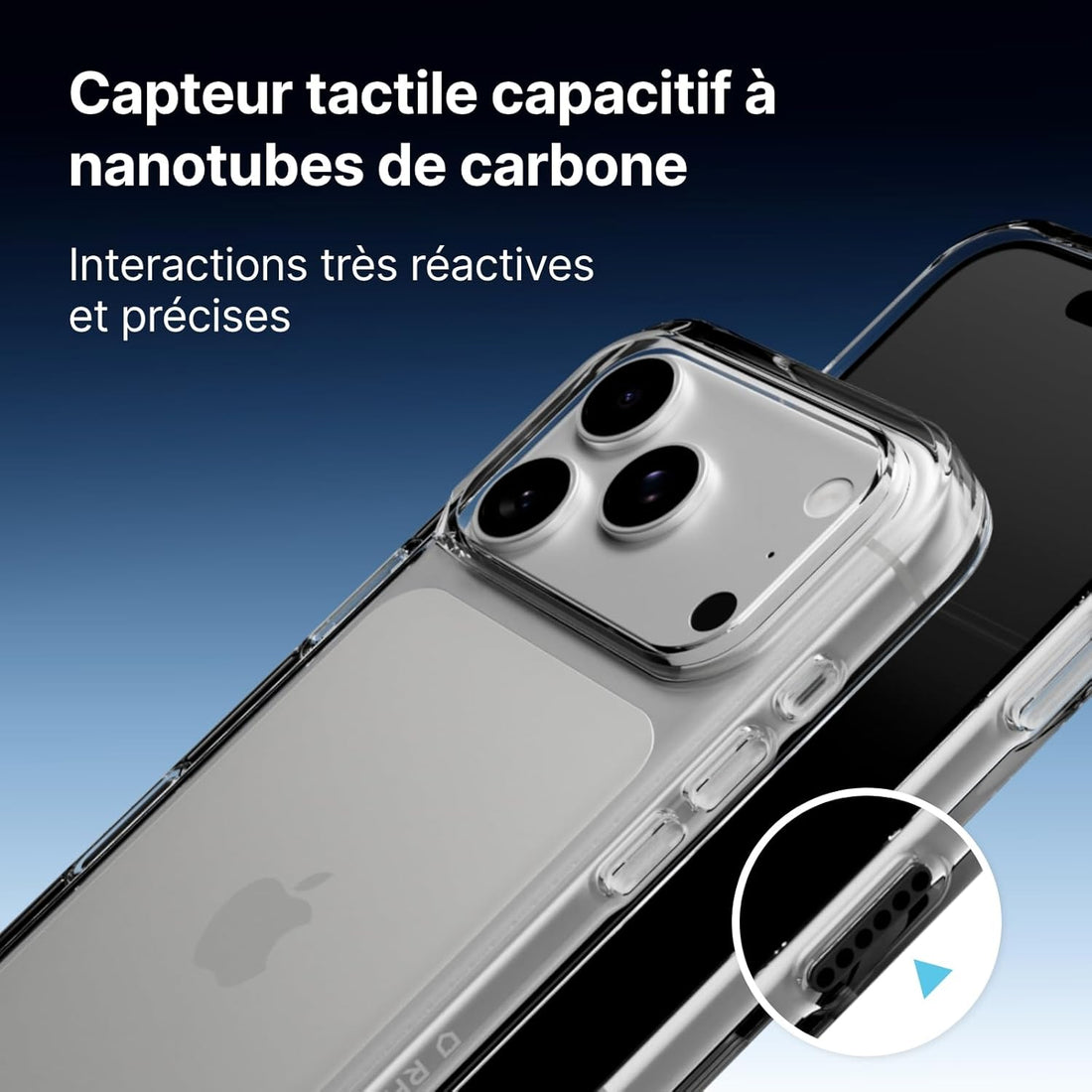 Détail boutons tactiles réactifs coque transparente RhinoShield Clear iPhone 17 Pro Max