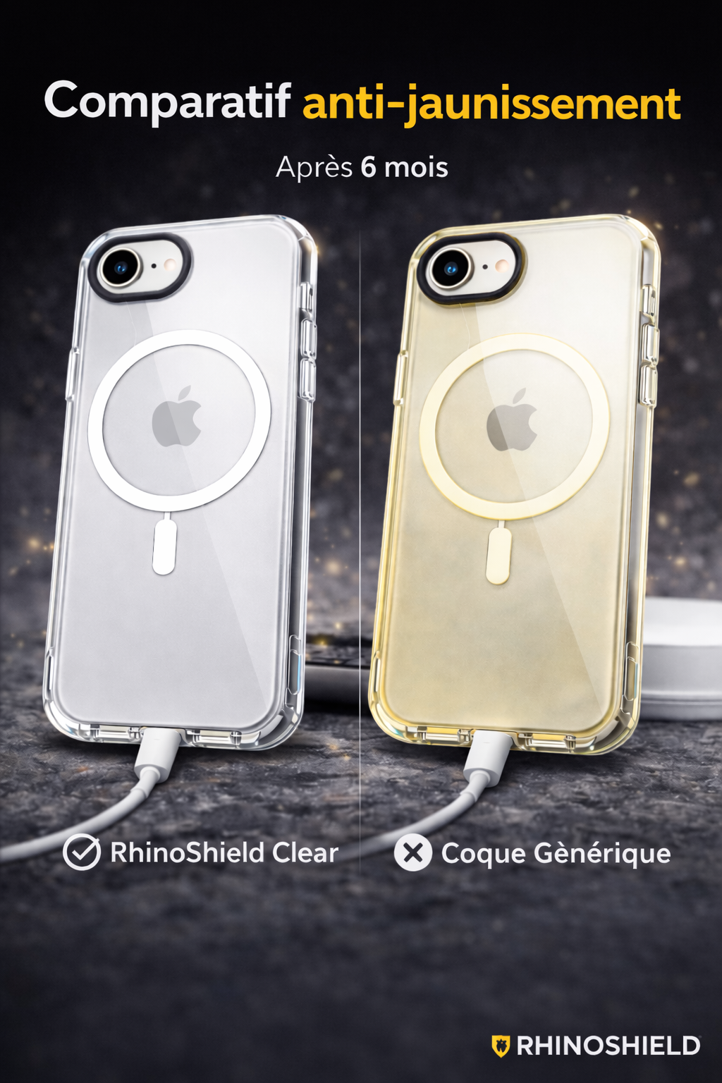 Comparatif anti-jaunissement entre la coque transparente RhinoShield Clear pour iPhone 16e et une coque générique après 6 mois