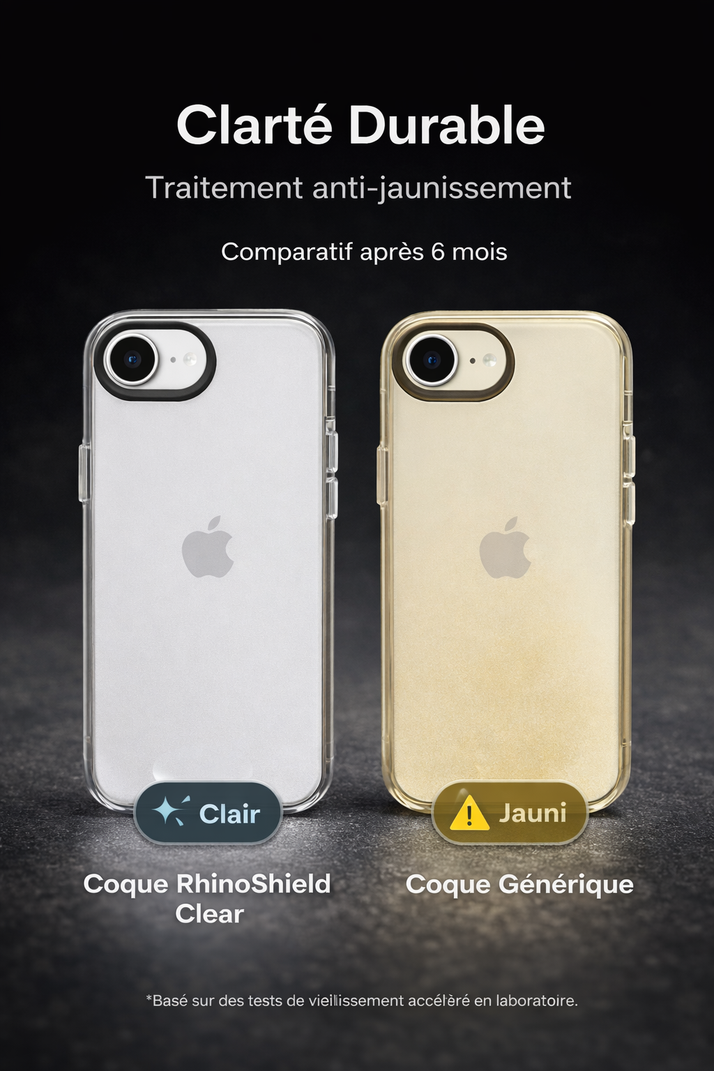 Comparatif anti-jaunissement entre la coque transparente RhinoShield Clear pour iPhone 17e et une coque générique après 6 mois