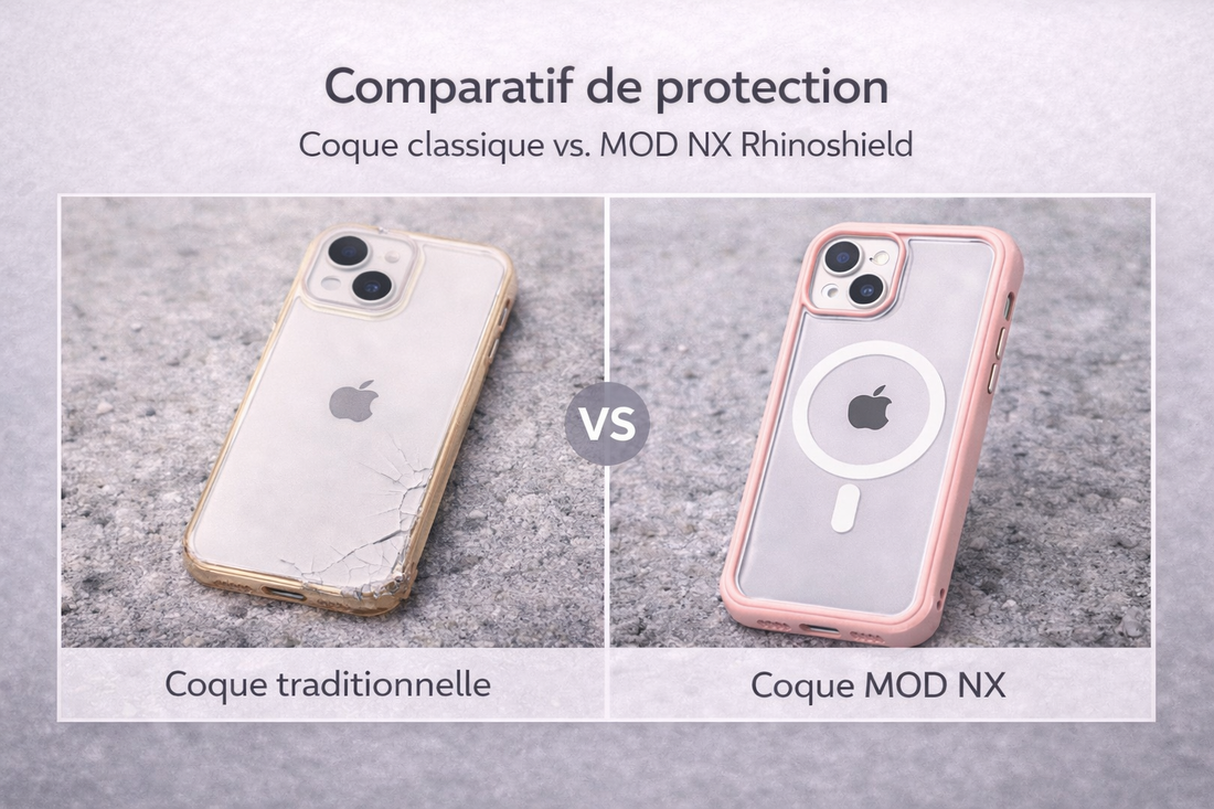 Comparatif coque classique fissurée versus coque modulaire MOD NX rose compatible MagSafe pour Apple iPhone 14 Rhinoshield