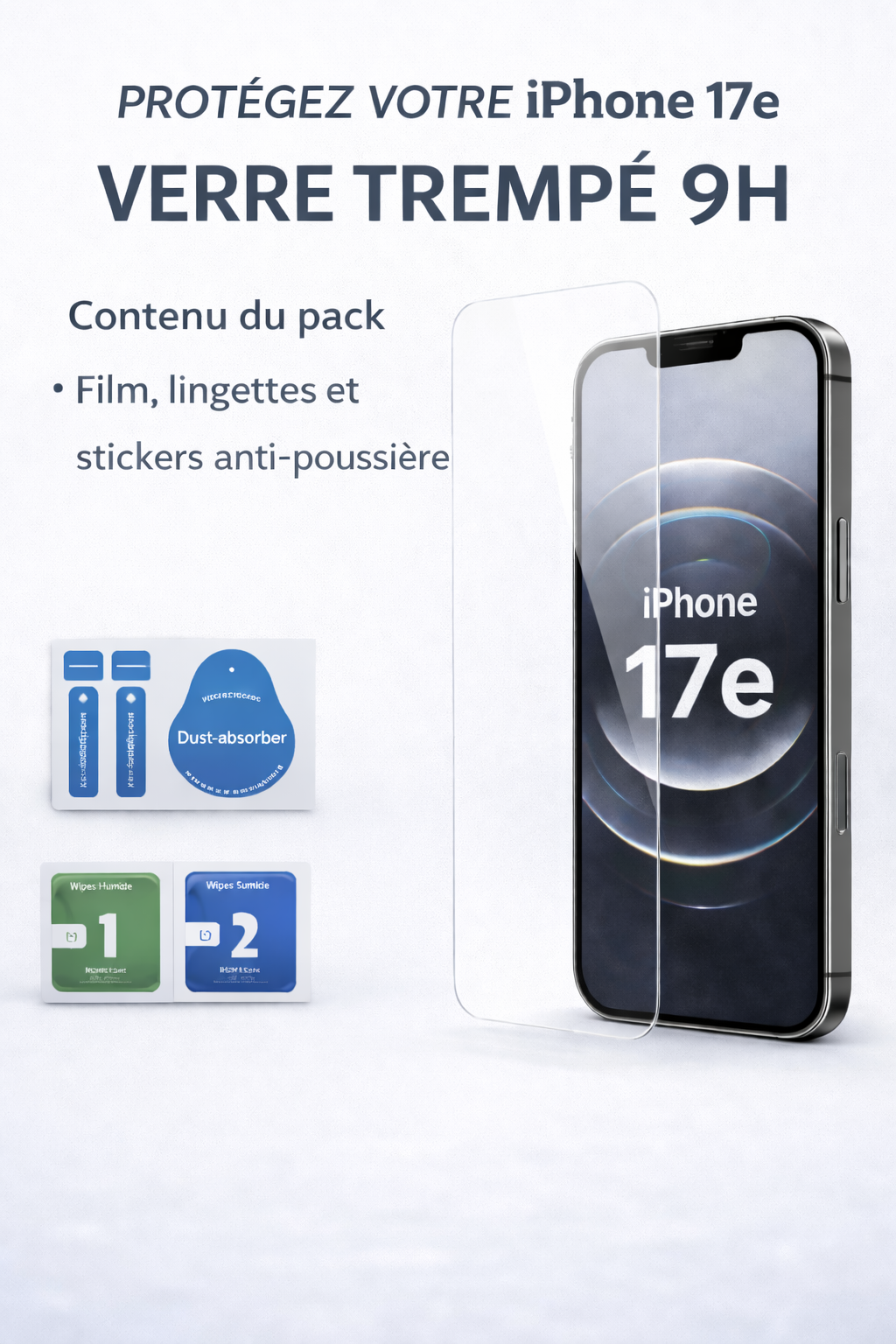 Contenu du pack du film verre trempé iPhone 17e avec film, lingettes et stickers anti-poussière