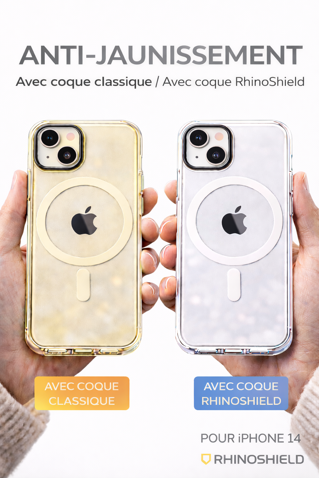 Comparatif anti-jaunissement entre coque classique et coque Clear MagSafe Rhinoshield pour iPhone 14
