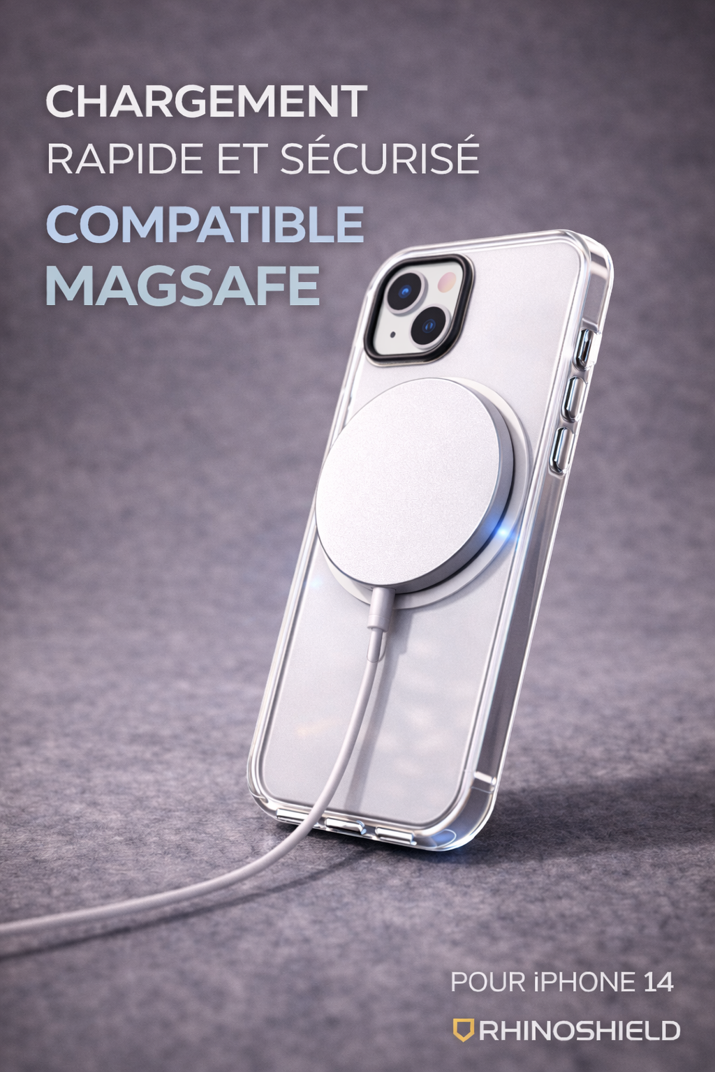 Coque transparente Clear MagSafe pour iPhone 14 Rhinoshield compatible charge MagSafe rapide et sécurisée