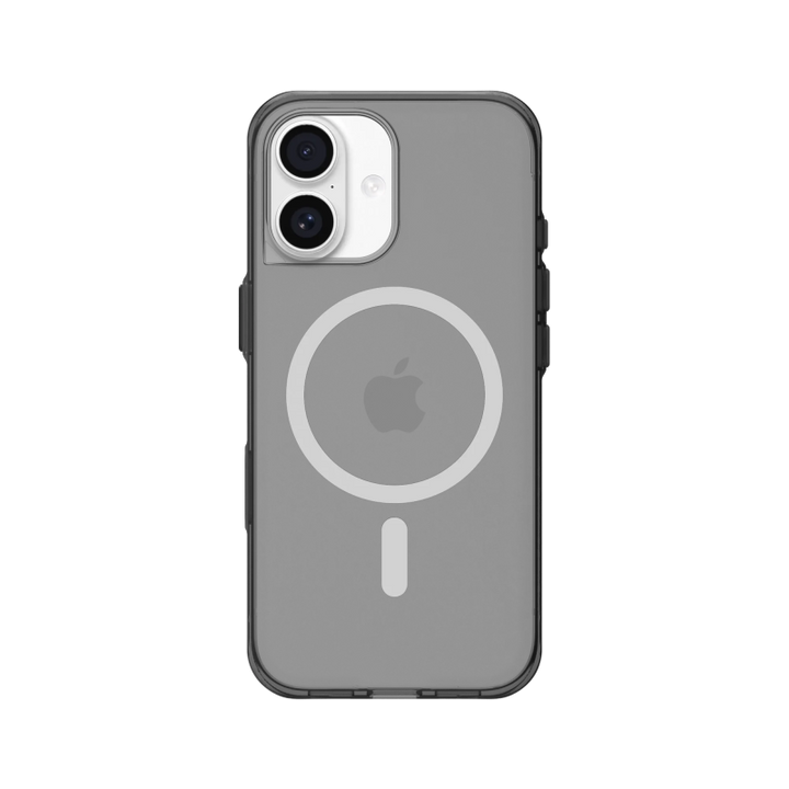 Photo de la Coque RhinoShield Clear Teintée Noir Qwartz, compatible MagSafe, installée sur un iPhone 17
