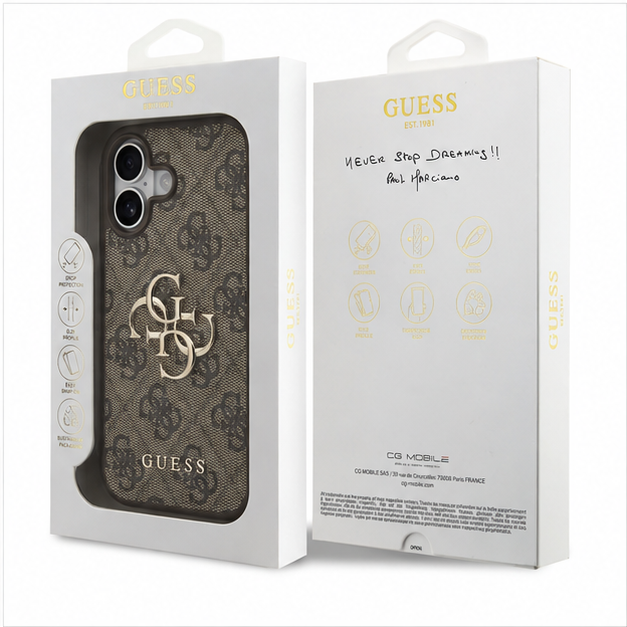 Packaging Guess 4G Big Metal Logo pour coque iPhone 17 marron