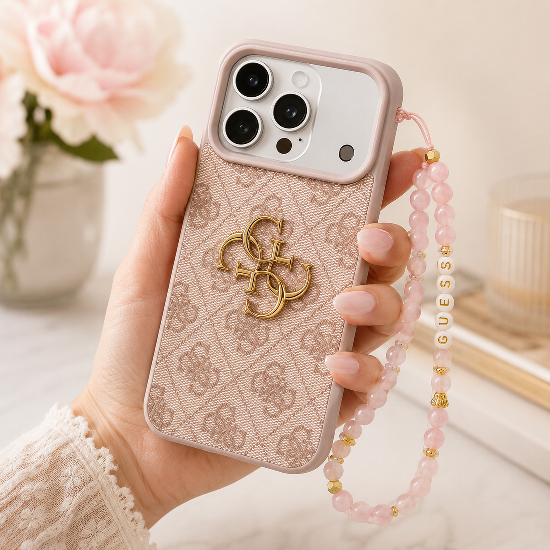 Coque Guess iPhone 17 Pro Max 4G Classic Logo avec Sangle – Rose