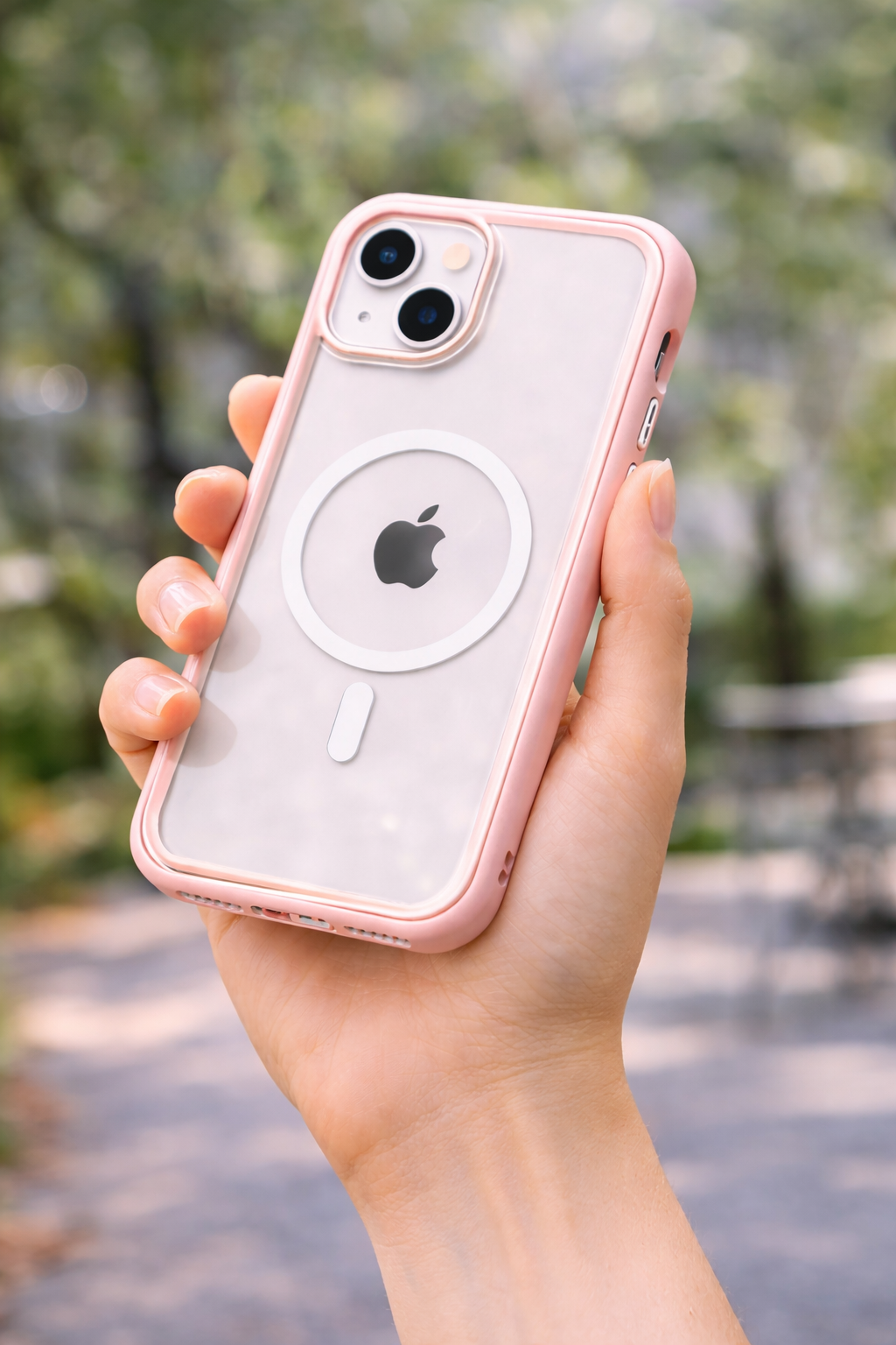 Coque iPhone 14 MagSafe cadre rose transparente en prise en main en extérieur