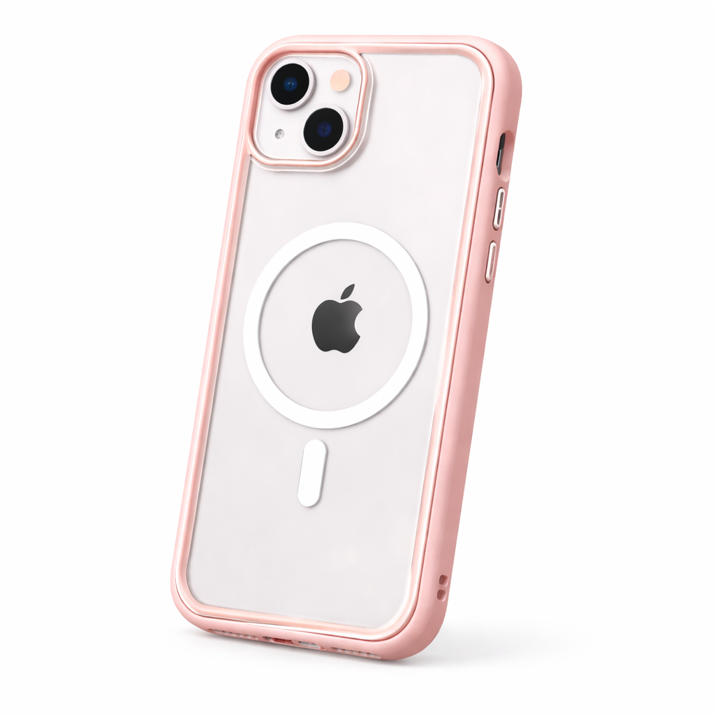 Coque iPhone 14 MagSafe transparente avec cadre rose sur fond blanc
