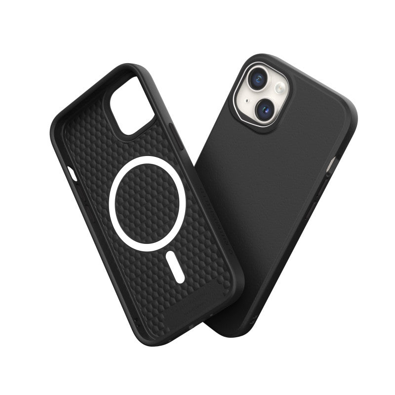 Coque noire pour iPhone 14 avec MagSafe montrant la vue avant et la vue arrière, protection antichoc et finition mate premium
