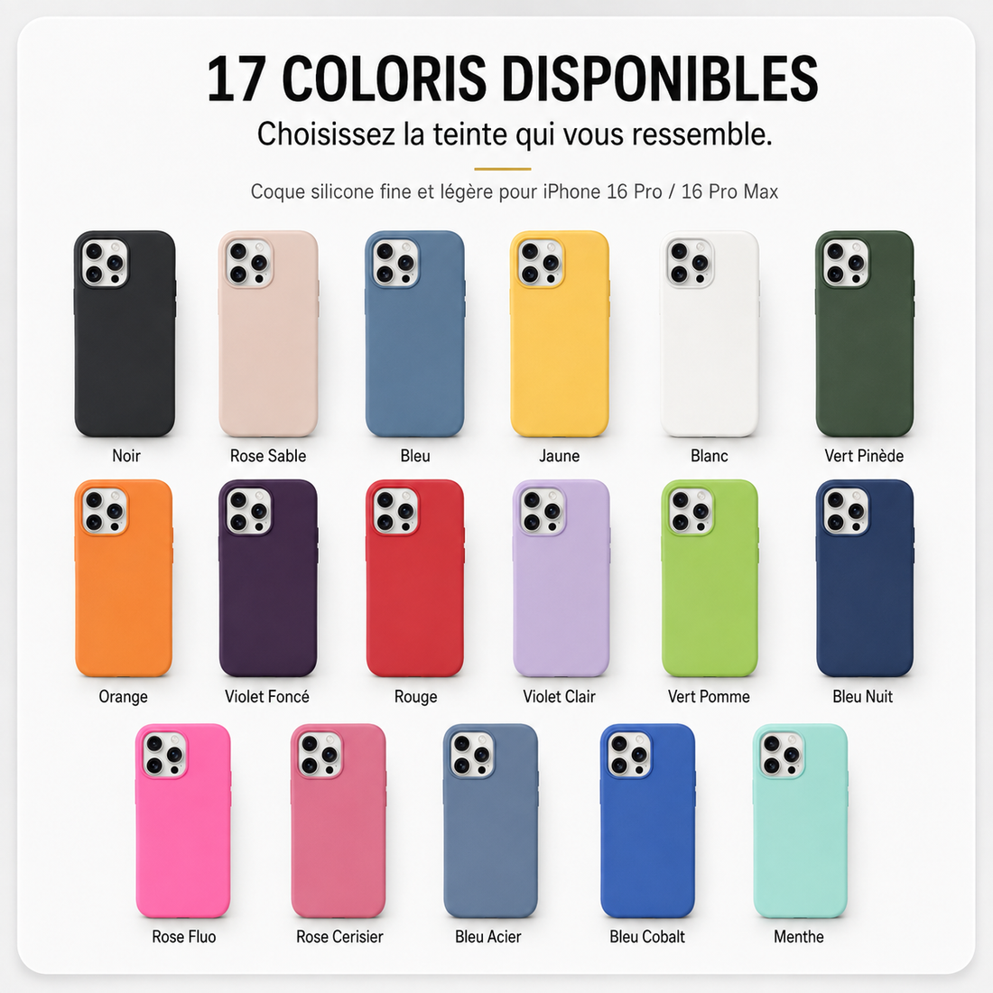 Coque iPhone 16 Pro silicone BeColor disponible en 17 coloris