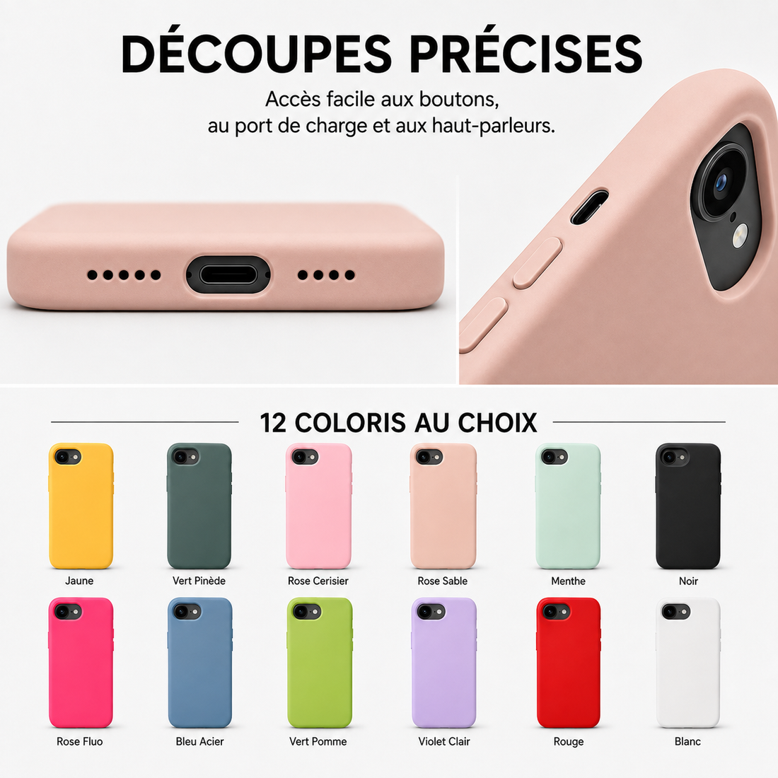 Coque silicone iPhone 16e et 17e avec découpes précises pour les boutons et connectiques
