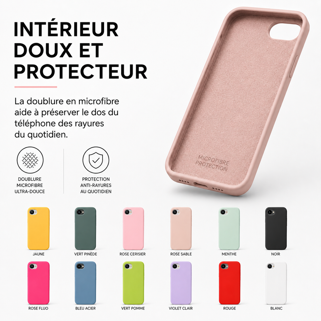Coque iPhone 16e et 17e Soft Touch avec intérieur doux en microfibre