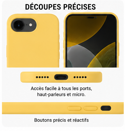 Coque iPhone 16e Silicone Anti-Choc Soft Touch Jaune - découpes précises et accès aux boutons