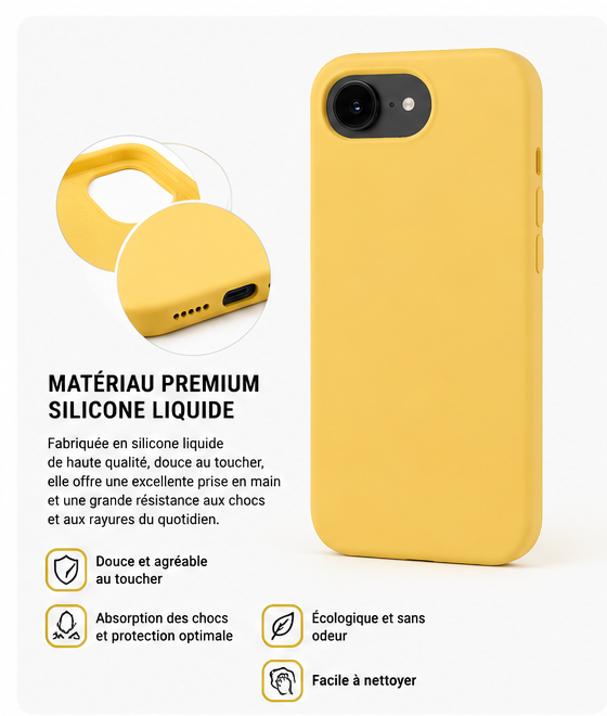 Coque iPhone 16e Silicone Anti-Choc Soft Touch Jaune - matériau premium en silicone liquide