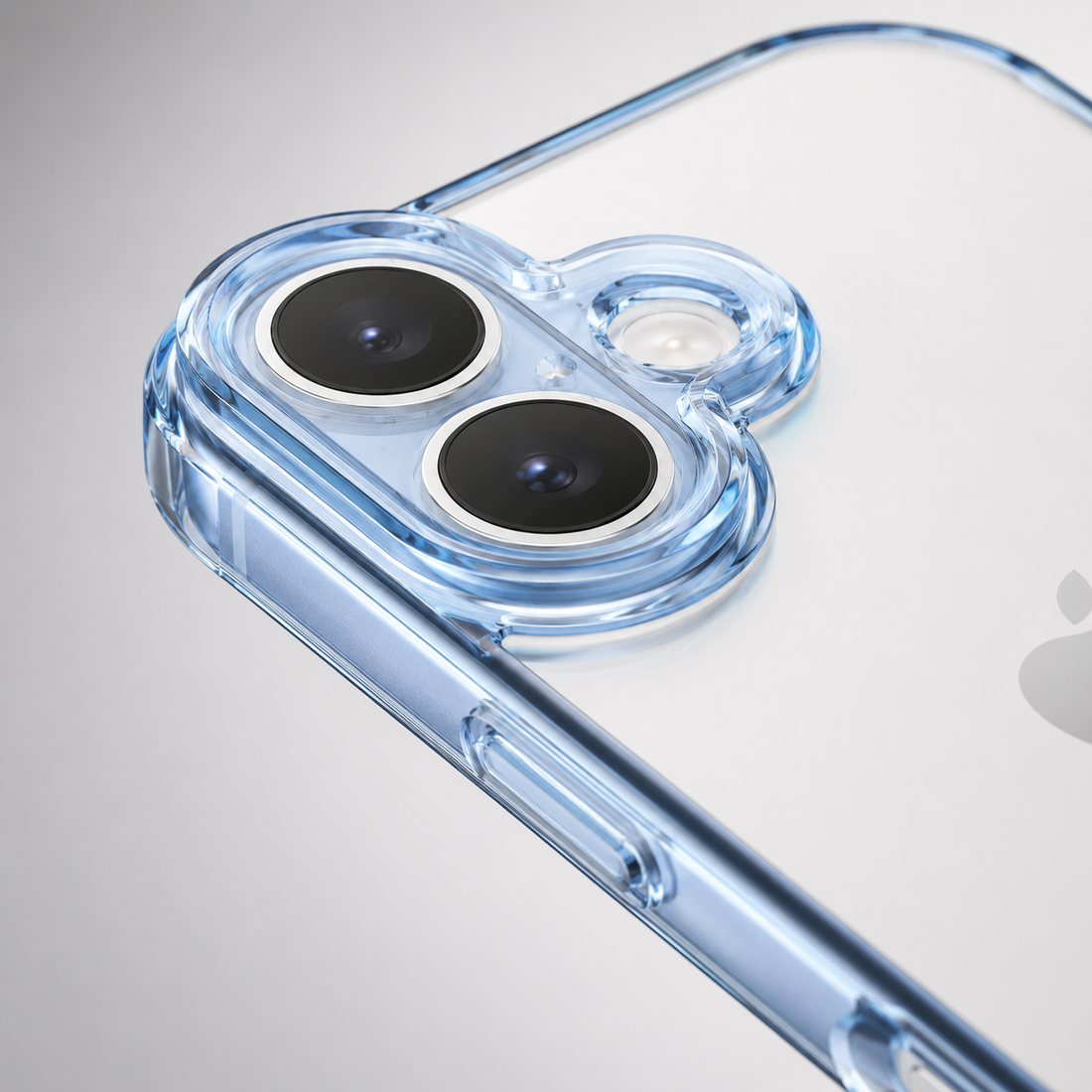 Détail caméra de la coque iPhone 17 antichoc transparente bleue