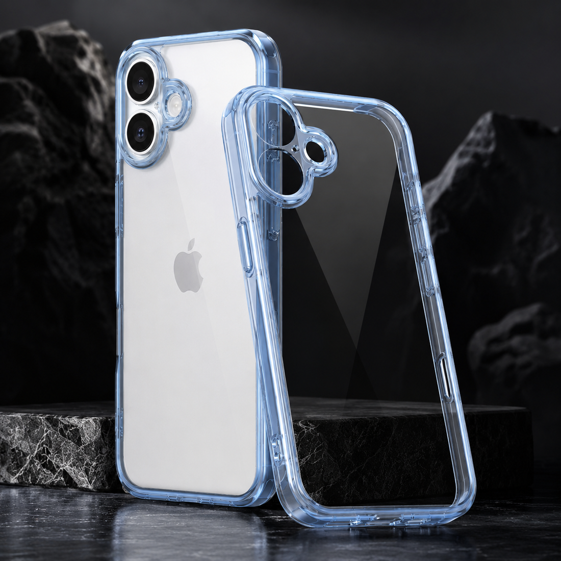 Coque iPhone 17 antichoc transparente bleue en scène
