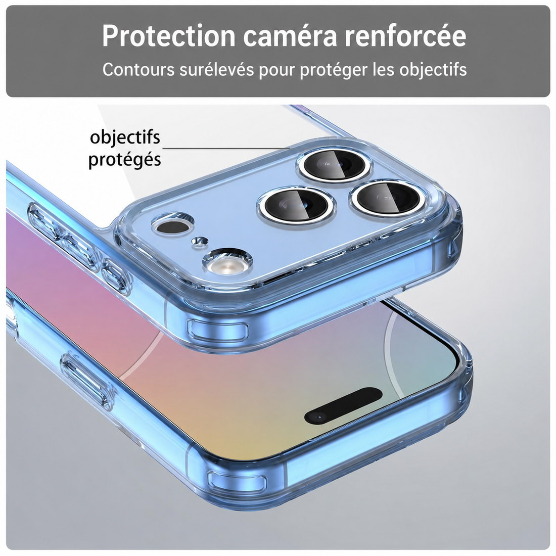 Coque iPhone 17 Pro transparent bleu avec protection caméra