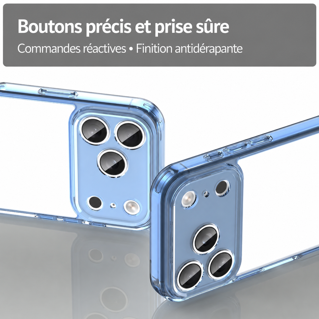 Coque hybride PC TPU iPhone 17 Pro bleu transparent avec boutons précis