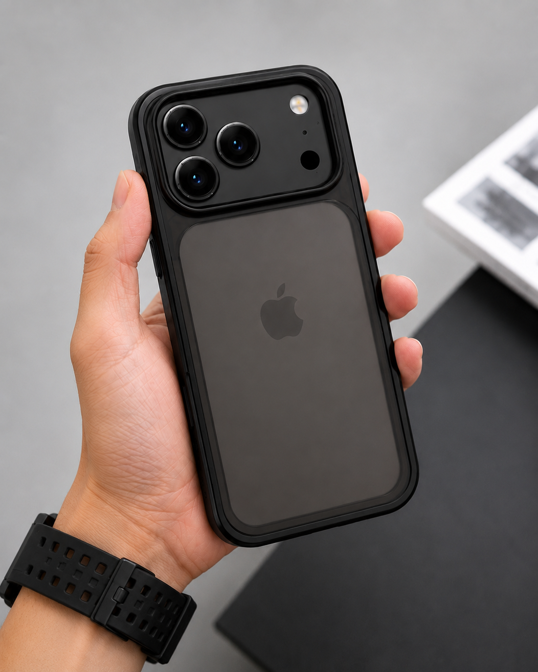 Coque anti-choc iPhone 17 Pro noire avec coins airbag en main