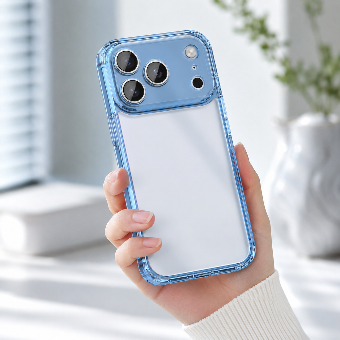 Coque iPhone 17 Pro antichoc Airbag bleue transparente tenue en main
