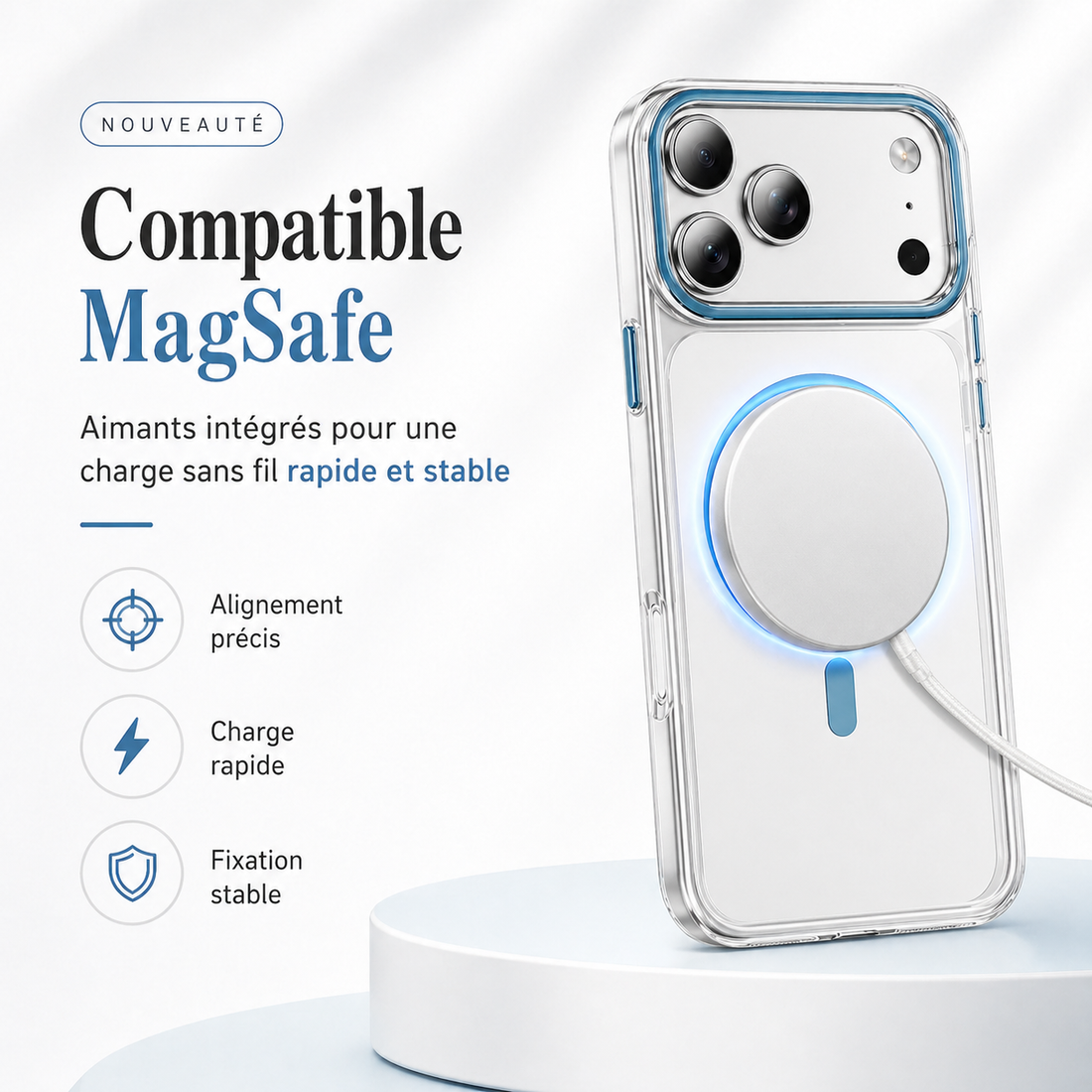 Coque transparente bleue compatible MagSafe pour iPhone 17 Pro avec charge sans fil magnétique