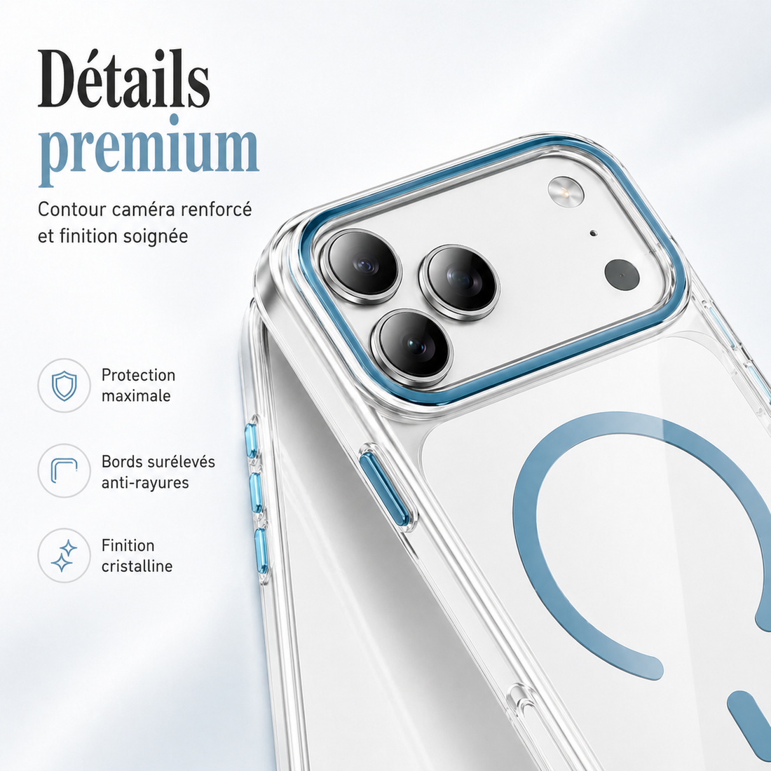Détail du contour caméra et des boutons avec finitions premium de la coque bleue pour iPhone 17 Pro
