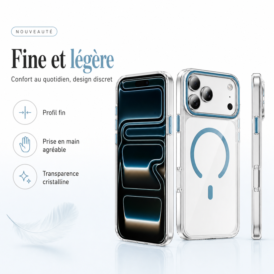 Coque transparente bleue fine et légère pour iPhone 17 Pro vue de face et de profil