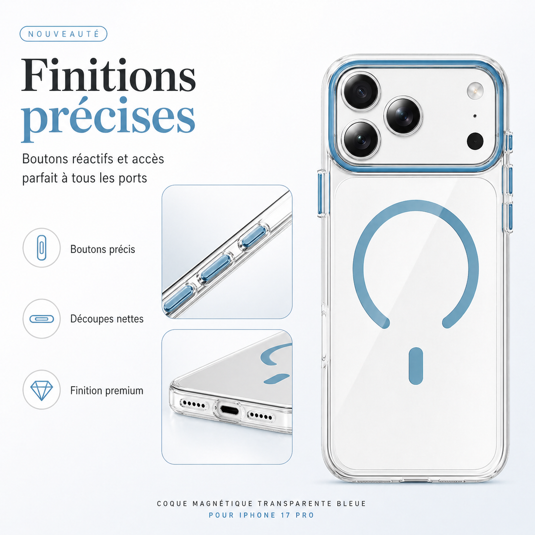 Coque transparente bleue pour iPhone 17 Pro avec boutons précis et découpes nettes