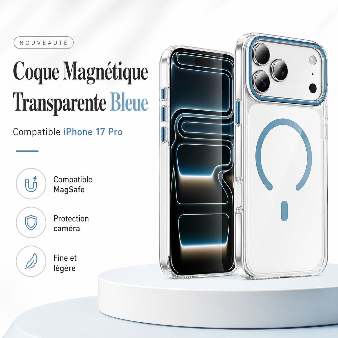 Coque magnétique transparente bleue pour iPhone 17 Pro avec contour caméra renforcé