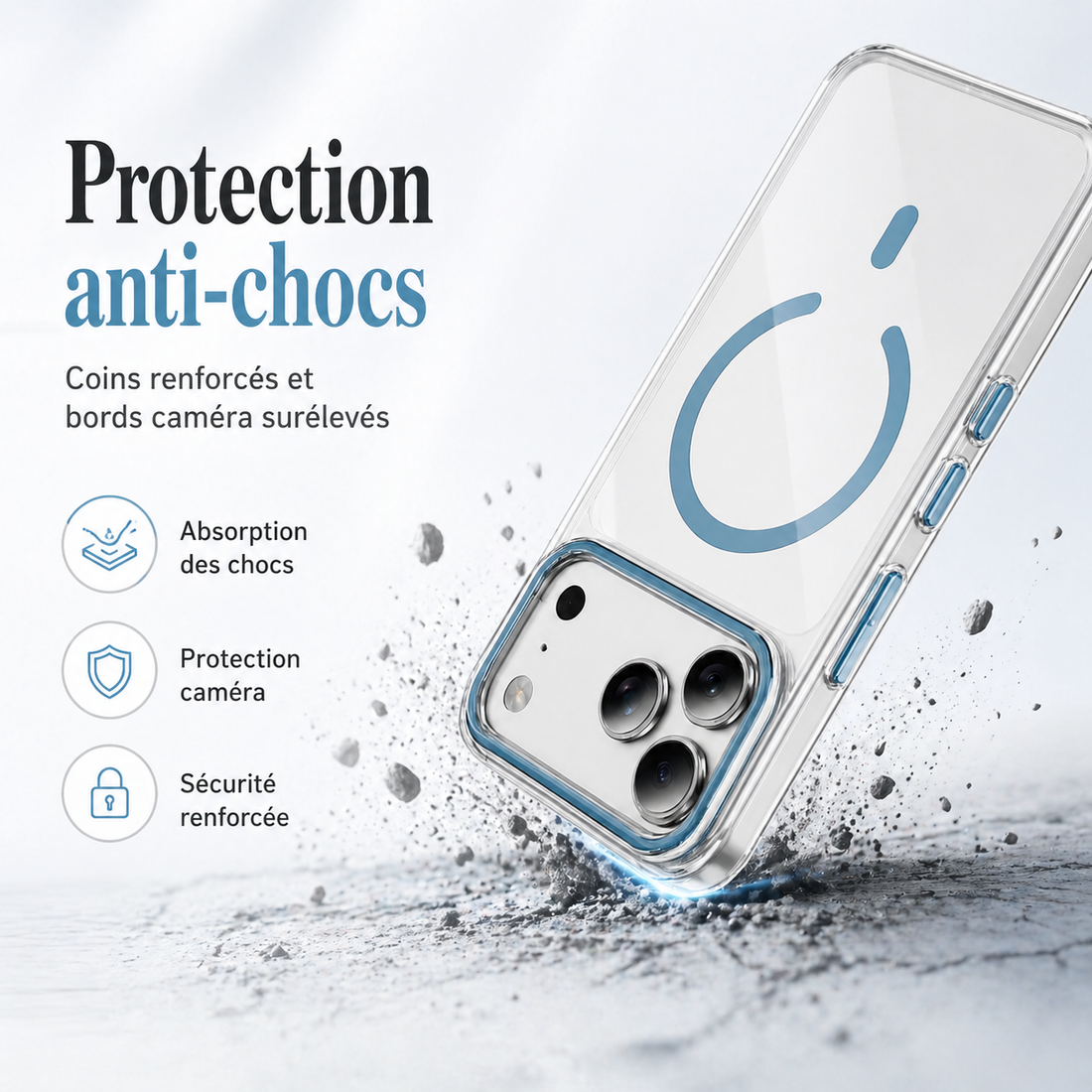 Coque iPhone 17 Pro transparente bleue avec protection anti-chocs et coins renforcés
