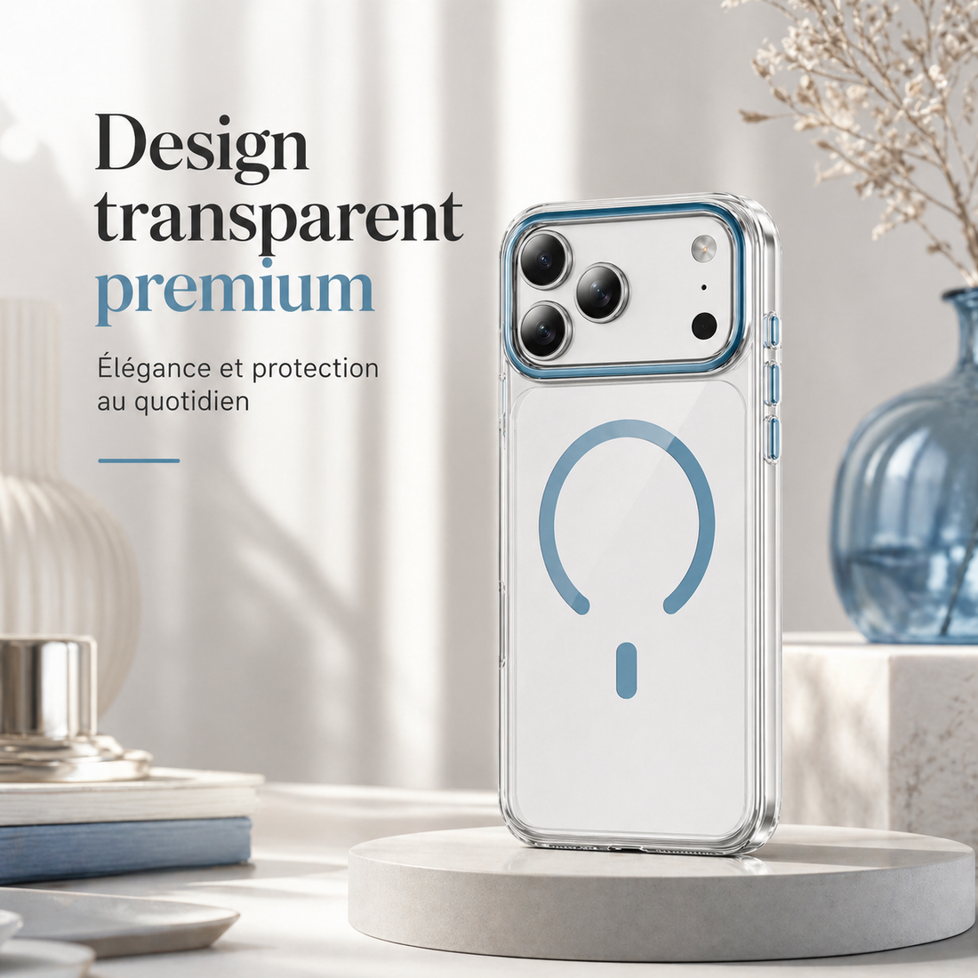 Détail du contour caméra et des finitions premium de la coque bleue pour iPhone 17 Pro