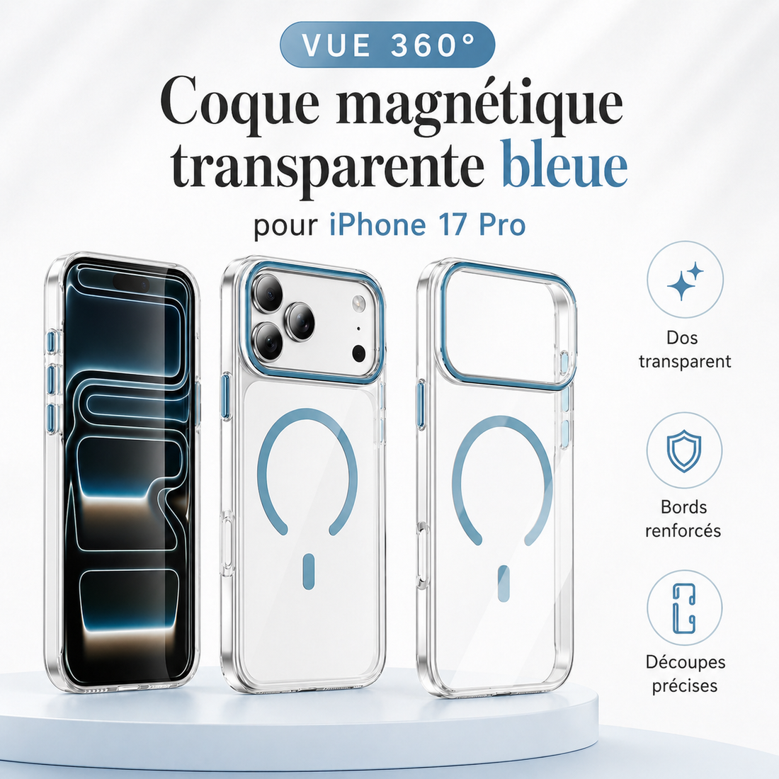 Vue 360 de la coque magnétique transparente bleue pour iPhone 17 Pro