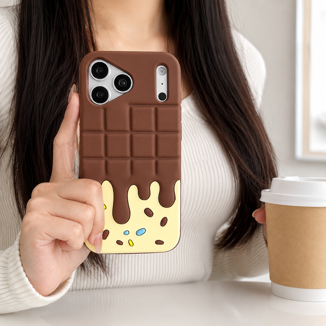 Coque iPhone 17 Pro Candy Chocolate marron crème tenue en main ambiance café