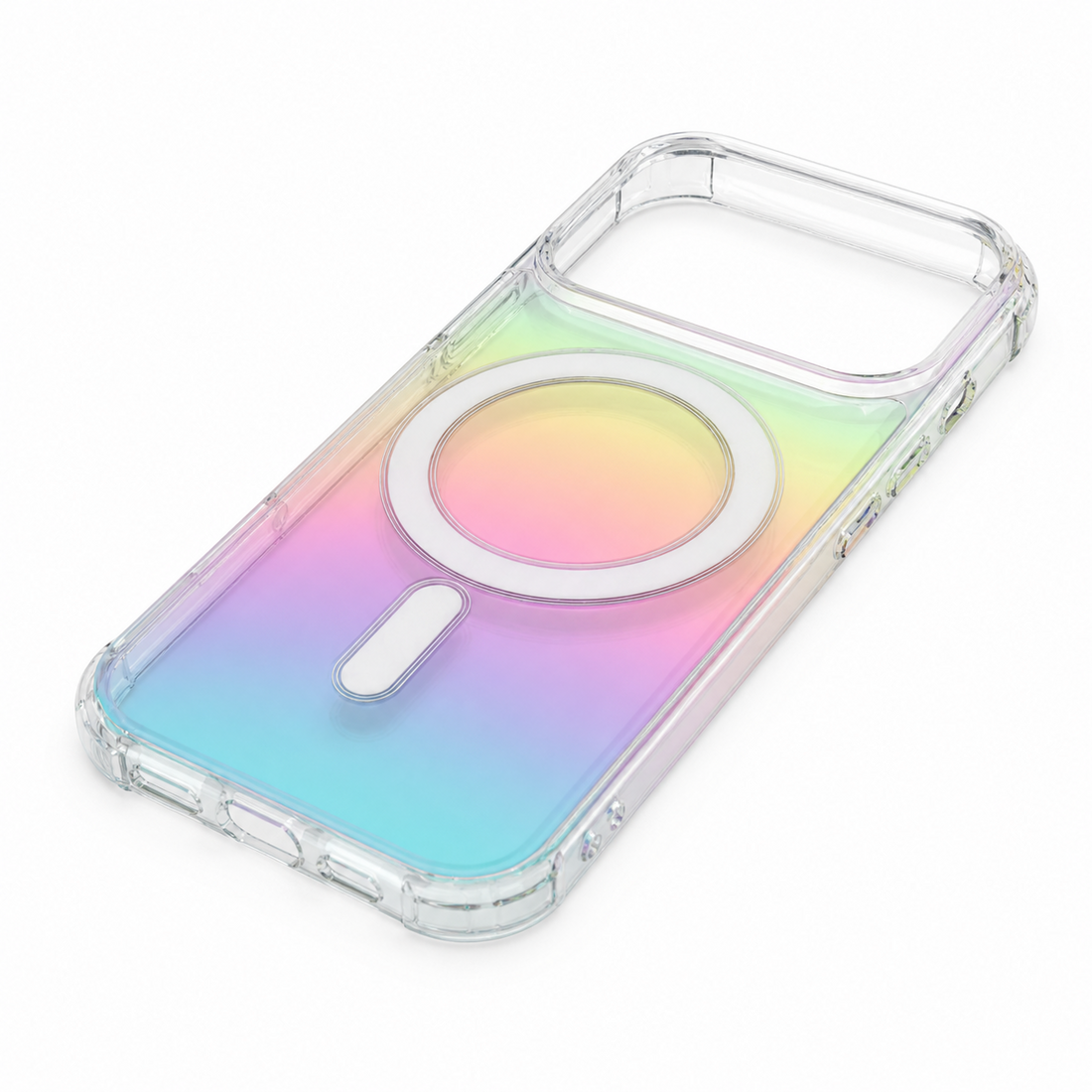 Coque iPhone 17 Pro MagSafe transparente arc-en-ciel vue en angle