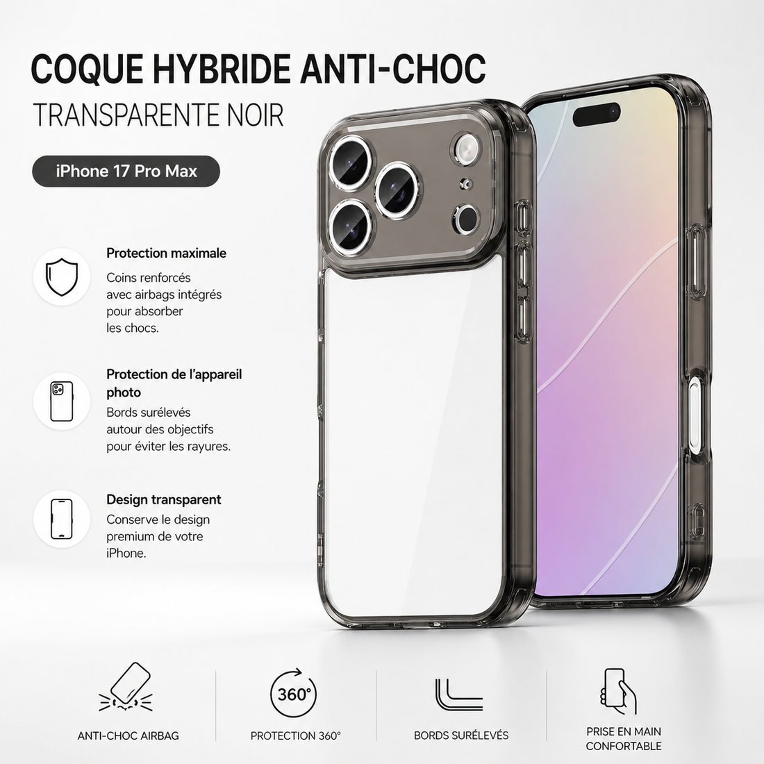 Coque iPhone 17 Pro Max Anti-Choc Airbag Hybride PC TPU – Noir Transparent