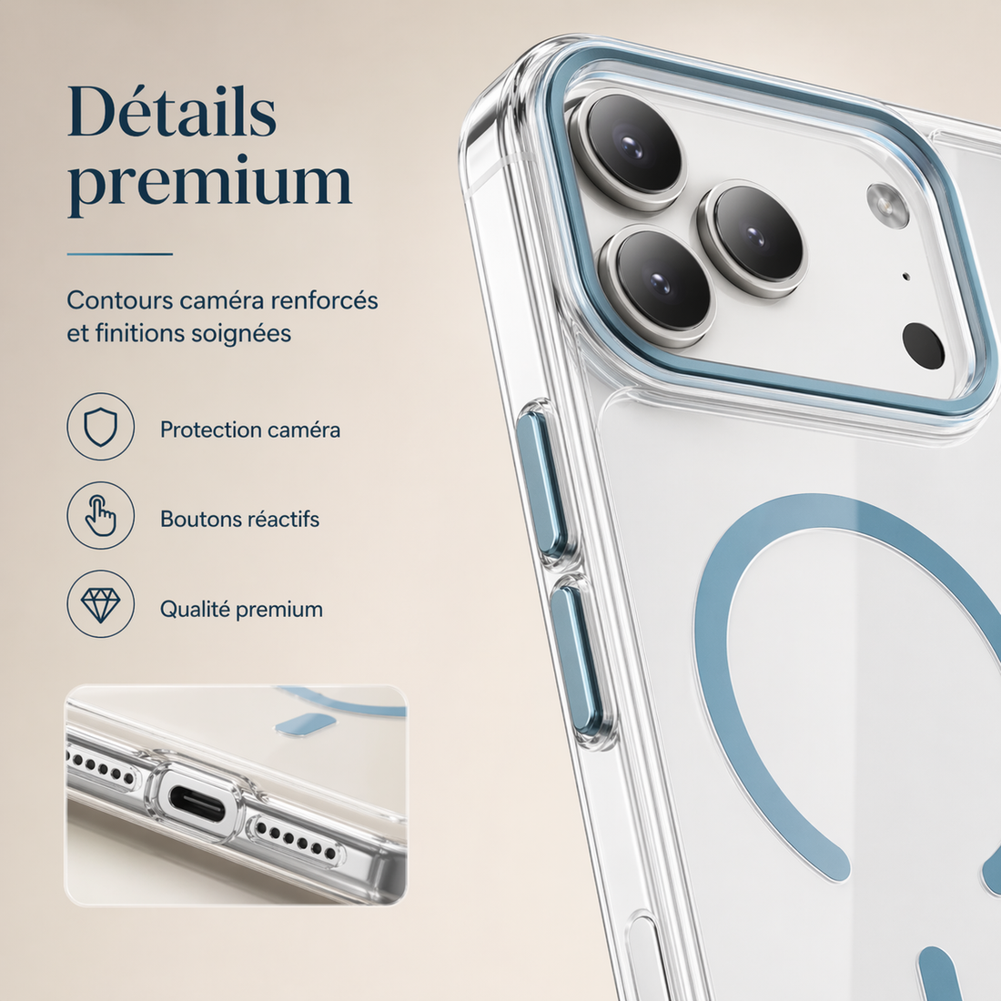 Gros plan de la coque iPhone 17 Pro Max bleu clair avec contour caméra renforcé et détails premium