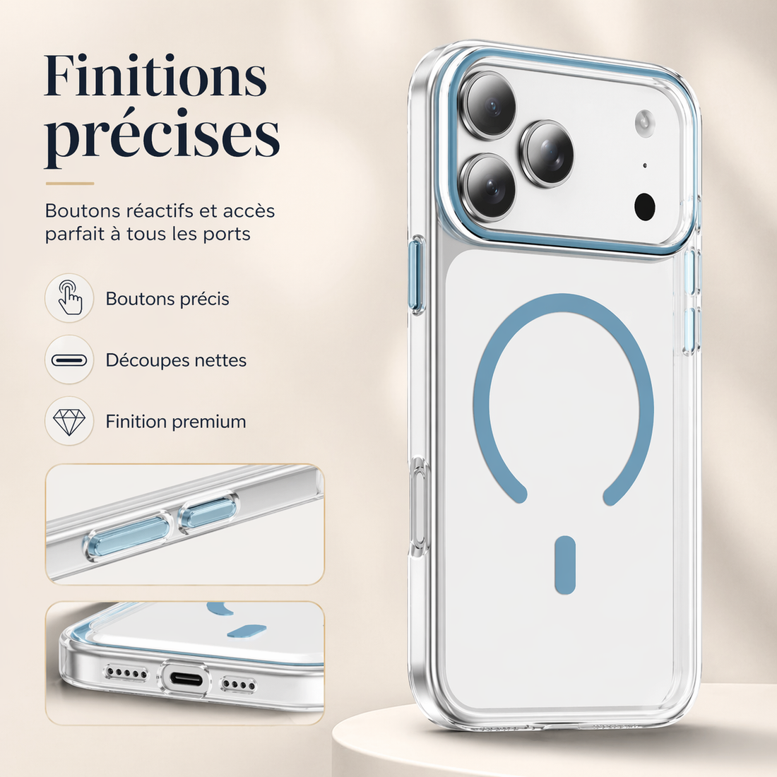 Finitions précises de la coque iPhone 17 Pro Max avec boutons réactifs et découpes nettes