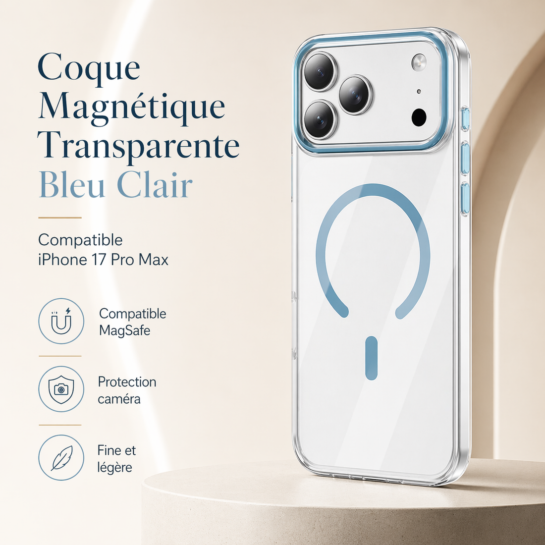 Coque magnétique transparente bleu clair compatible iPhone 17 Pro Max