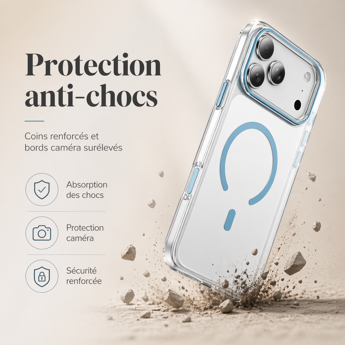 Coque iPhone 17 Pro Max transparente bleu clair avec protection anti-chocs et bords caméra renforcés