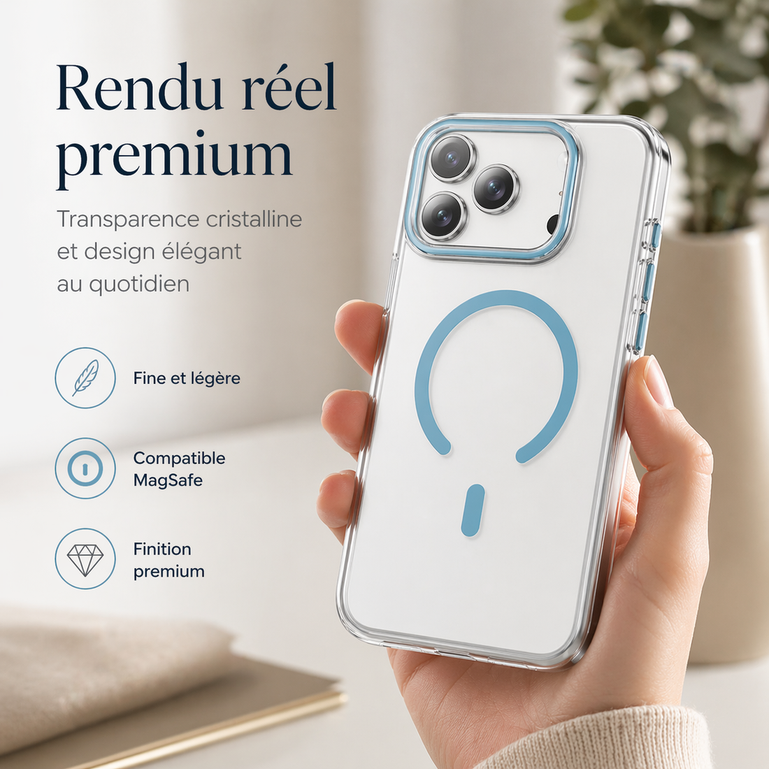 Coque magnétique transparente bleu clair pour iPhone 17 Pro Max montrée en situation réelle